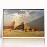 Mid-century modernist acrylic print of pyramids in muted earth tones, ideal for modern art wall decor.