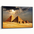 Black and white framed canvas featuring a vintage poster art style landscape of pyramids, ideal for bedroom wall decor.