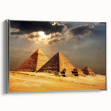 Framed vintage poster art of pyramids in silver and black, ideal for extra large living room wall.