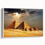 Framed canvas featuring a vintage poster art of pyramids in black and white, ideal for bedroom wall decor.