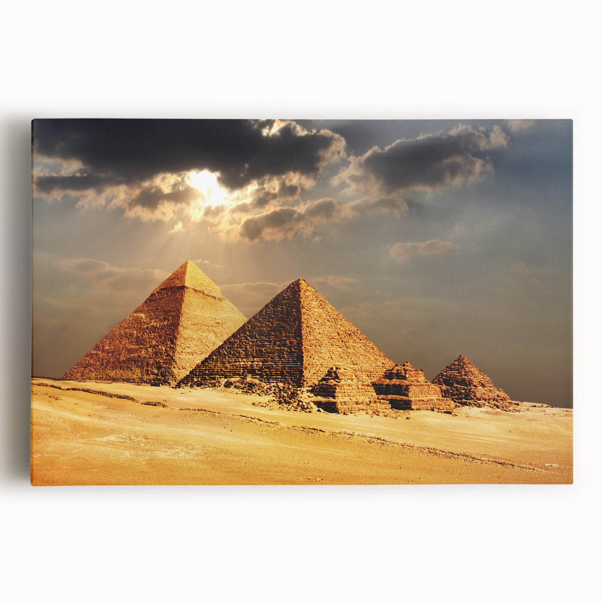 Black and white large art print of pyramids, on stretched canvas, ideal for kitchen wall art.