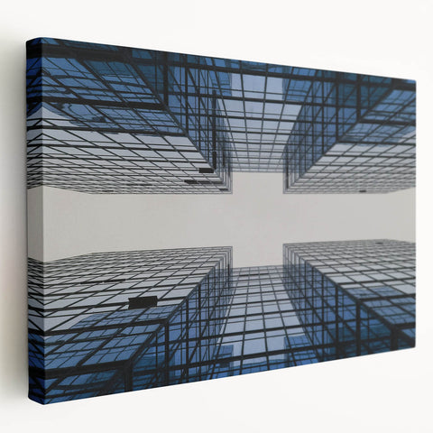 Large stretched canvas featuring a detailed architectural skyscraper design in monochrome, ideal for kitchen wall art.