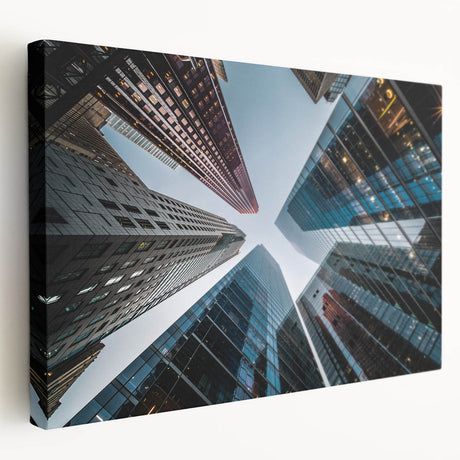 Modern skyscraper architecture in muted gray tones on a large stretched canvas, suitable for kitchen wall art.