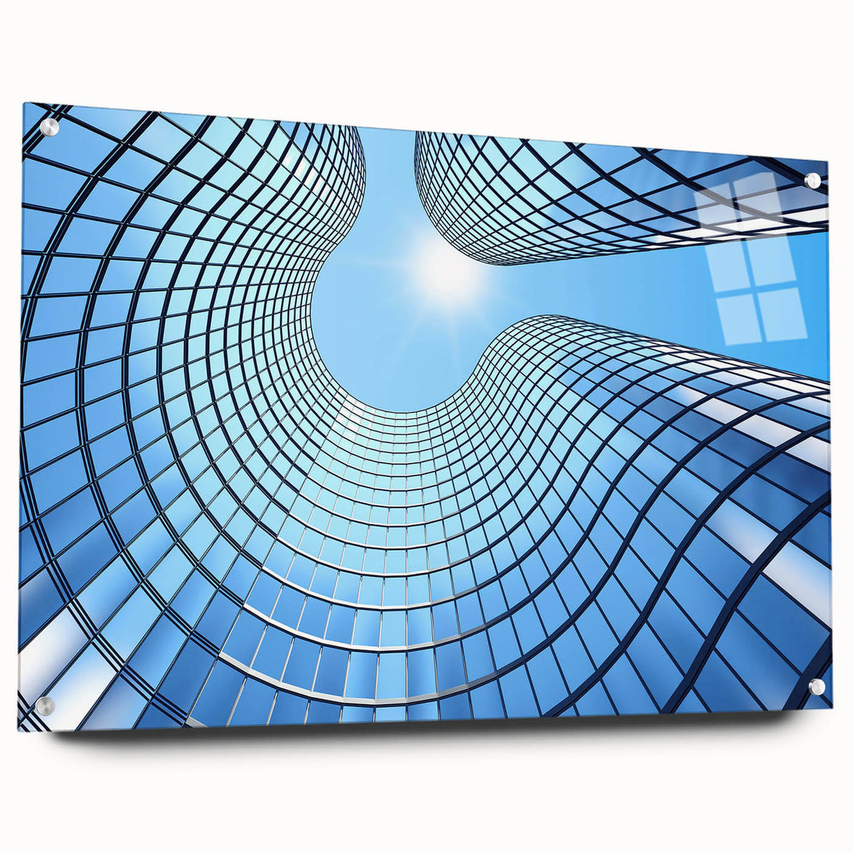 Acrylic print of a large abstract skyscraper design in cool blue tones, suitable for bedroom or dining room decor.
