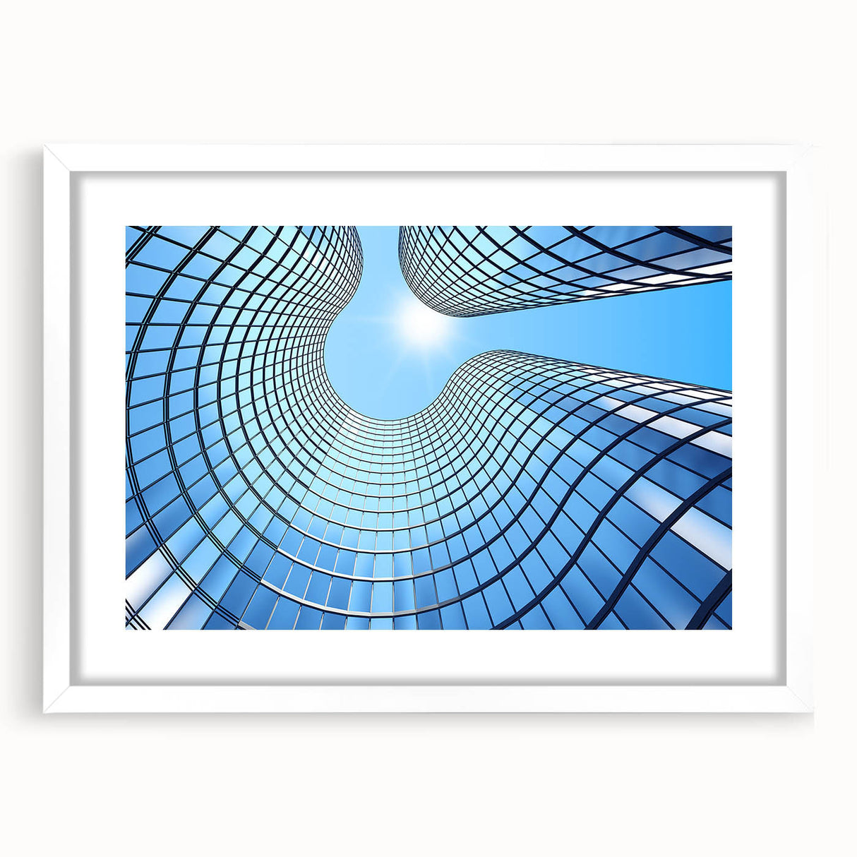 Extra large abstract art print of a textured skyscraper design in muted gray, framed in white, ideal for living room decor.
