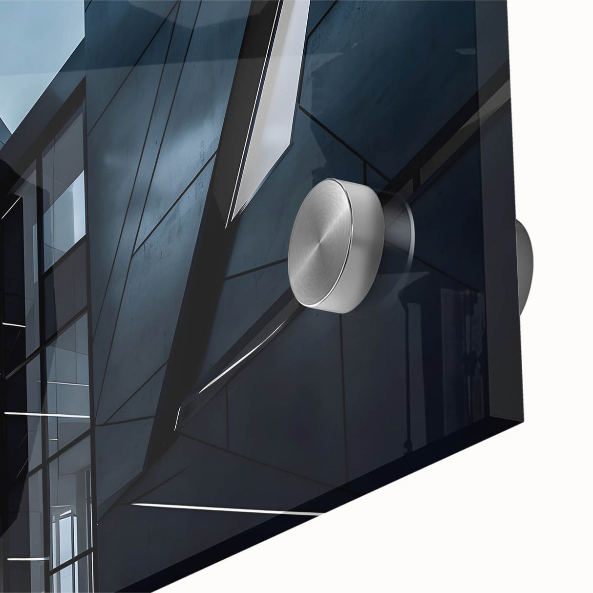 Mid-century modernist large abstract wall art of skyscrapers in muted gray tones on acrylic glass, ideal for dining room art.