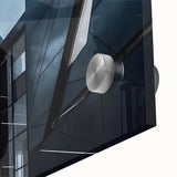 Mid-century modernist large abstract wall art of skyscrapers in muted gray tones on acrylic glass, ideal for dining room art.