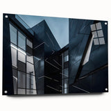 Acrylic glass print of a large abstract skyscraper design in gray tones, suitable for bedroom or dining room decor.