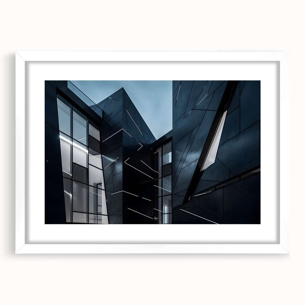 Extra large abstract art print featuring textured skyscraper design in muted grays, framed with a white mat.