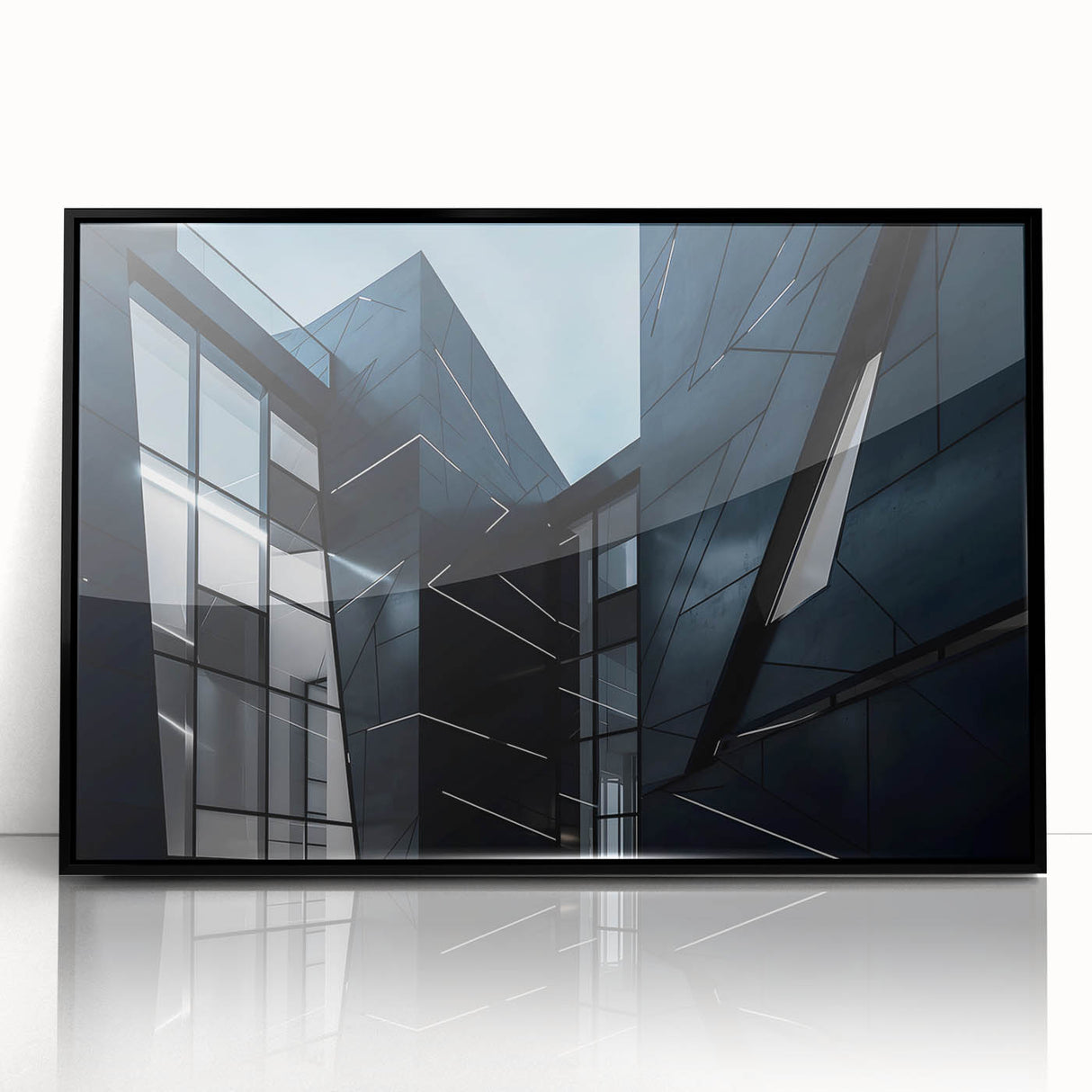 Large abstract wall art featuring skyscraper designs in black and white, framed in acrylic, ideal for modern office decor.