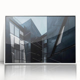 Mid-century modernist skyscraper design in monochrome, framed acrylic print, ideal for modern art wall decor.