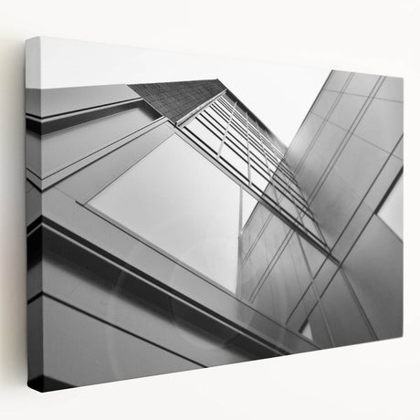 Large art depicting a detailed skyscraper design on stretched canvas, in grayscale, ideal for kitchen wall art.