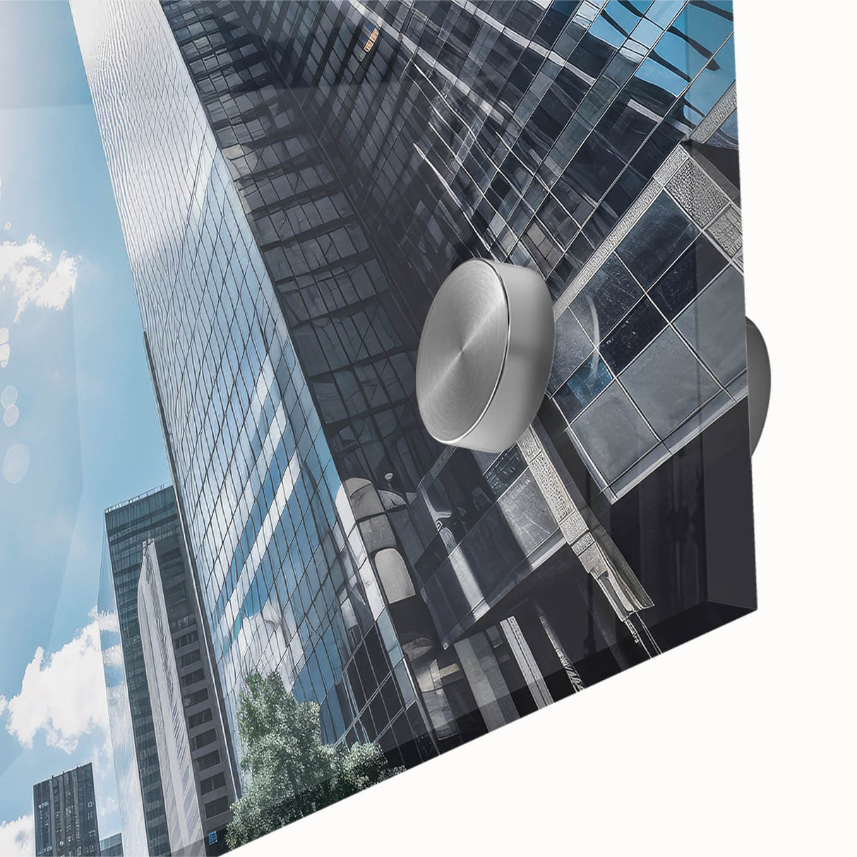 Close-up of a large abstract skyscraper design in muted gray, printed on acrylic glass, ideal for dining room art.