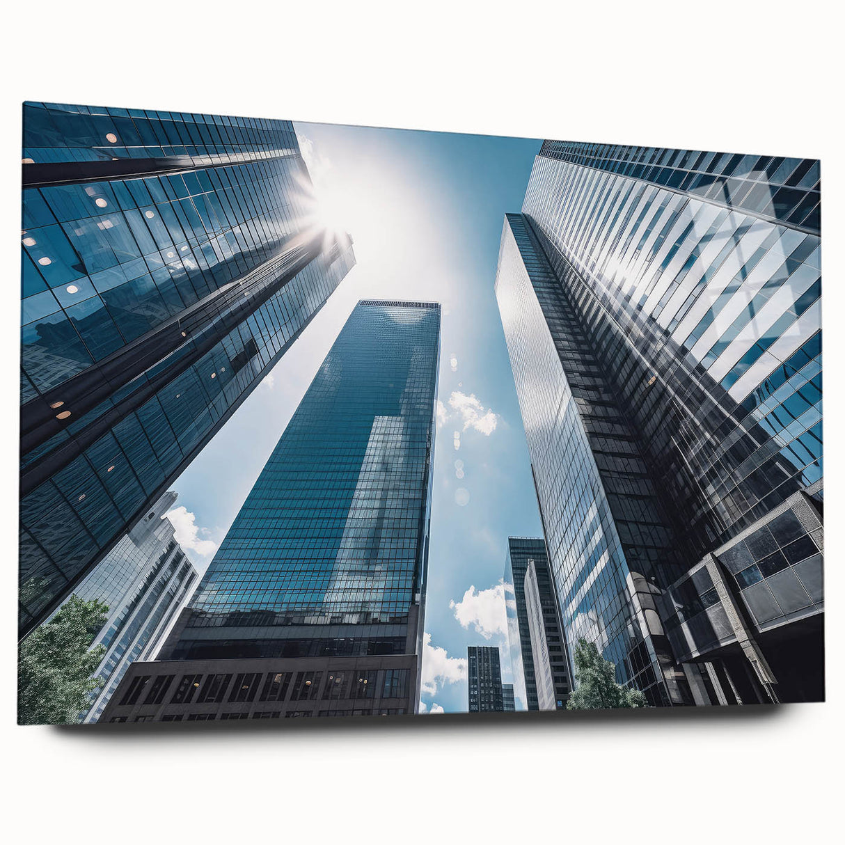Acrylic print of a large abstract skyscraper design in muted gray tones, suitable for bedroom or dining room art.