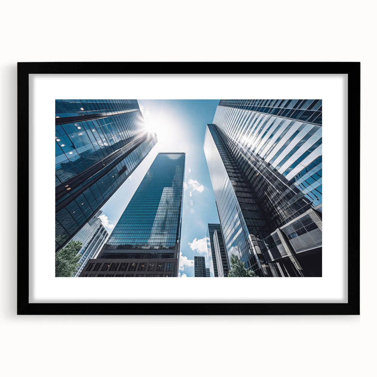 Extra large abstract art print featuring a colorful, textured skyscraper design on a framed black mat.