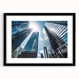 Extra large abstract art print featuring a colorful, textured skyscraper design on a framed black mat.