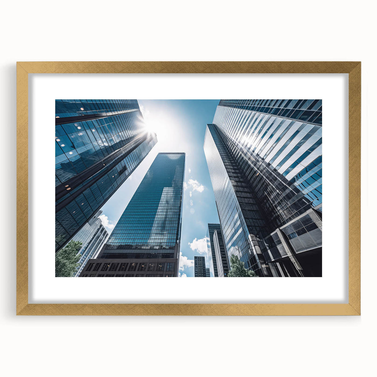 Textured abstract art print of skyscrapers in muted grays and golds, framed with a gold mat, suitable for bedroom decor.