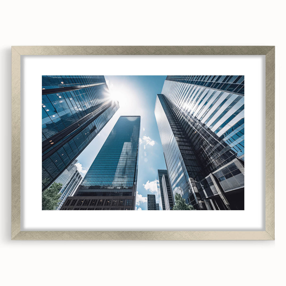Abstract art print of a skyscraper, with muted gray and metallic tones on a framed silver mat.
