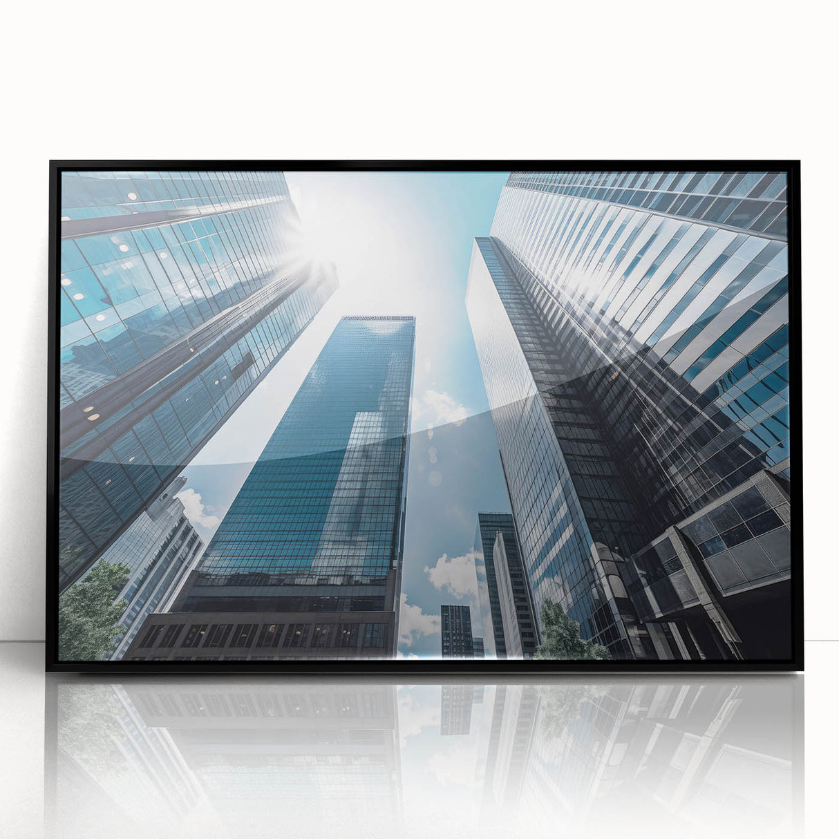Large abstract wall art depicting skyscrapers in muted gray tones, acrylic print in a black frame.