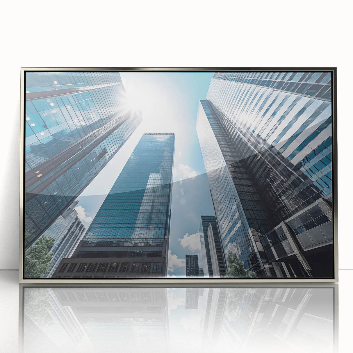 Art deco style poster of a skyscraper, in silver and gray tones, framed acrylic, ideal for modern art wall decor.