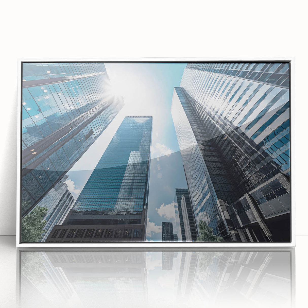 Mid-century modernist skyscraper design in muted grays and whites on framed acrylic, suitable for modern art wall decor.