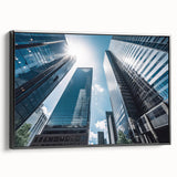 Black and white framed canvas of a skyscraper landscape, ideal for bedroom wall decor.