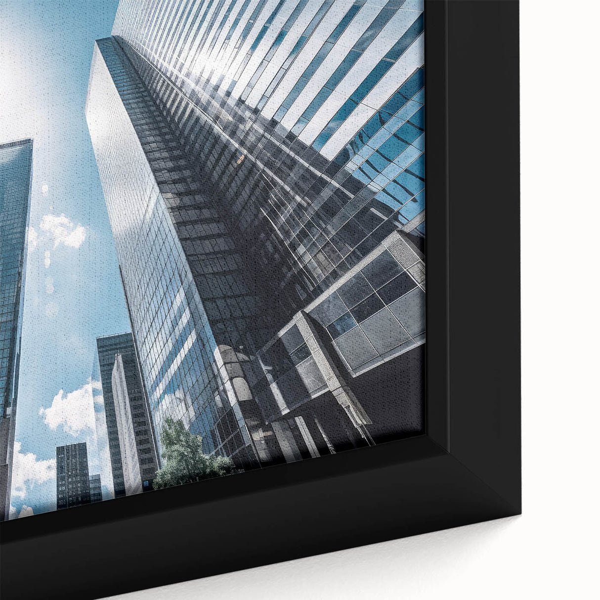 Extra large framed canvas featuring a black skyscraper design with colorful, textured elements, ideal for living room decor.