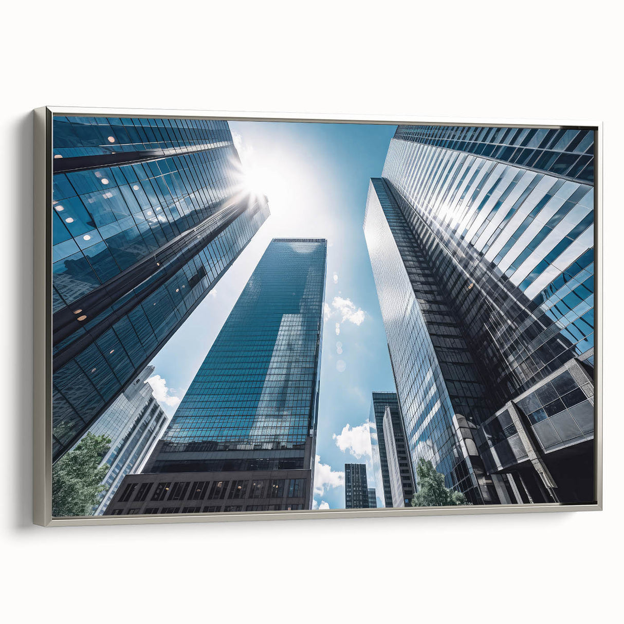 Vintage poster art of a skyscraper, in black and silver tones on a framed canvas, suitable for living room decor.