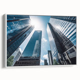 Framed canvas featuring a black and white vintage poster art of skyscraper architecture, ideal for bedroom wall decor.