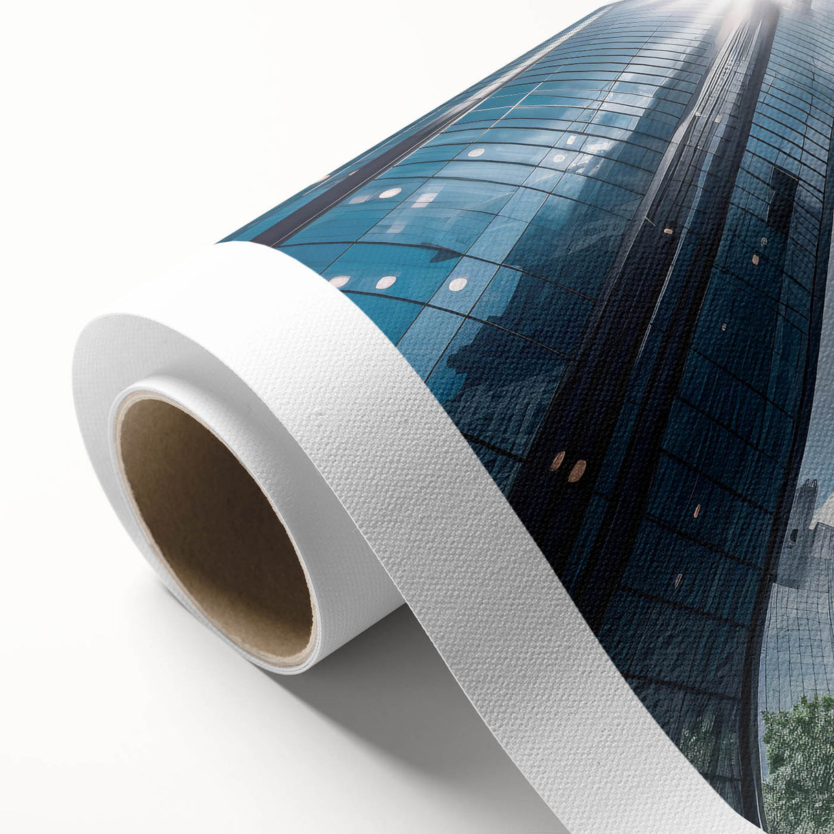 Art deco poster of a stylized skyscraper in muted metallic tones on rolled canvas.