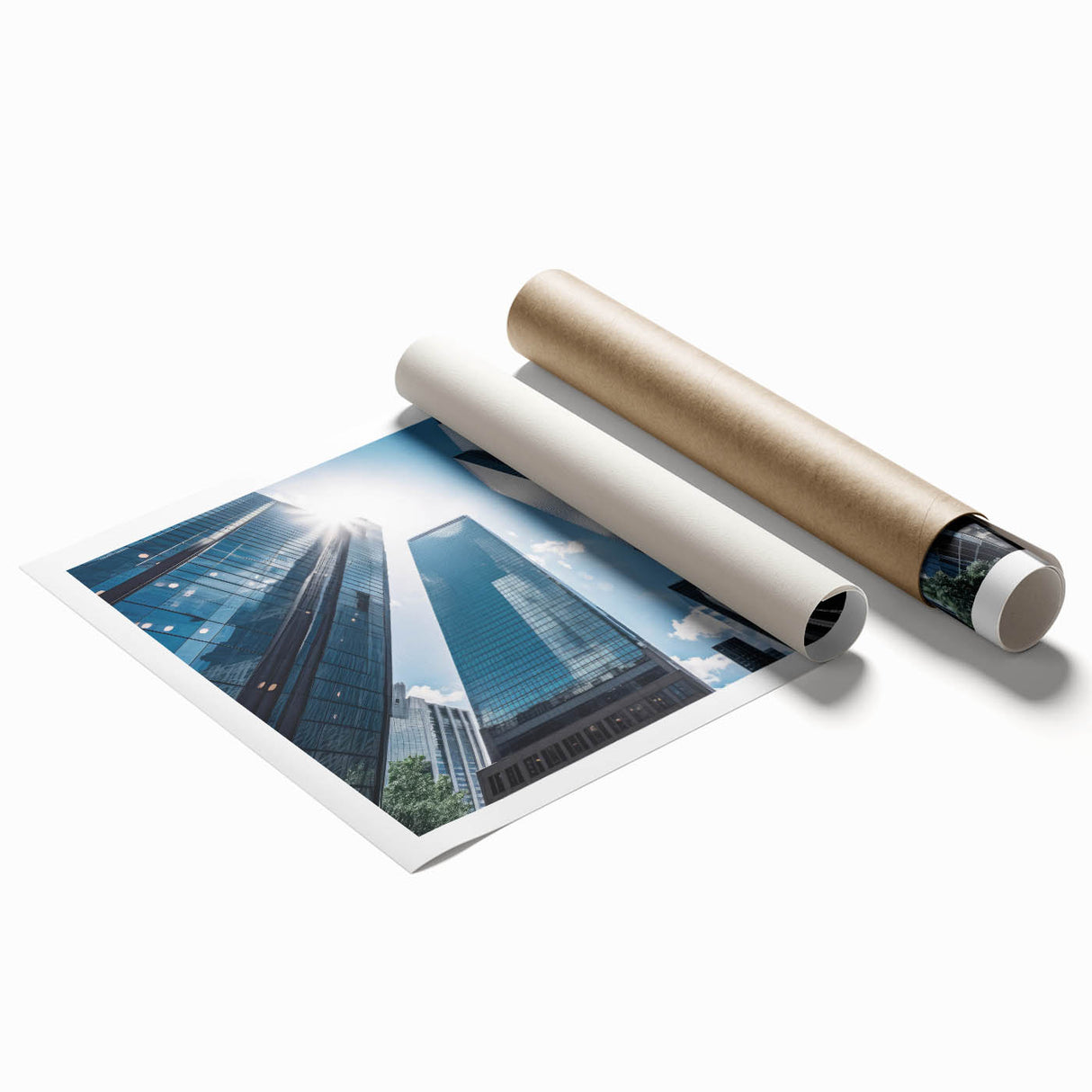Extra large rolled print featuring a detailed skyscraper design in gray tones, suitable for classy bathroom wall art.