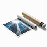 Extra large rolled print featuring a detailed skyscraper design in gray tones, suitable for classy bathroom wall art.