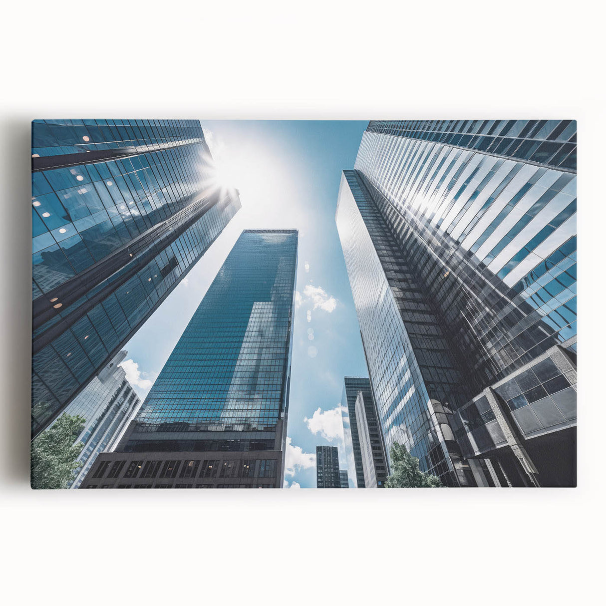 Black and white photo of skyscrapers on stretched canvas, suitable as large kitchen wall art.