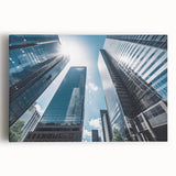 Black and white photo of skyscrapers on stretched canvas, suitable as large kitchen wall art.