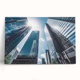 Black and white photo of a skyscraper on stretched canvas, ideal for kitchen wall art or bedroom decor.