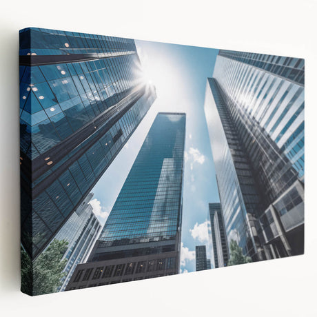 Large art print of a skyscraper silhouette in monochrome tones on stretched canvas, suitable for kitchen wall art.