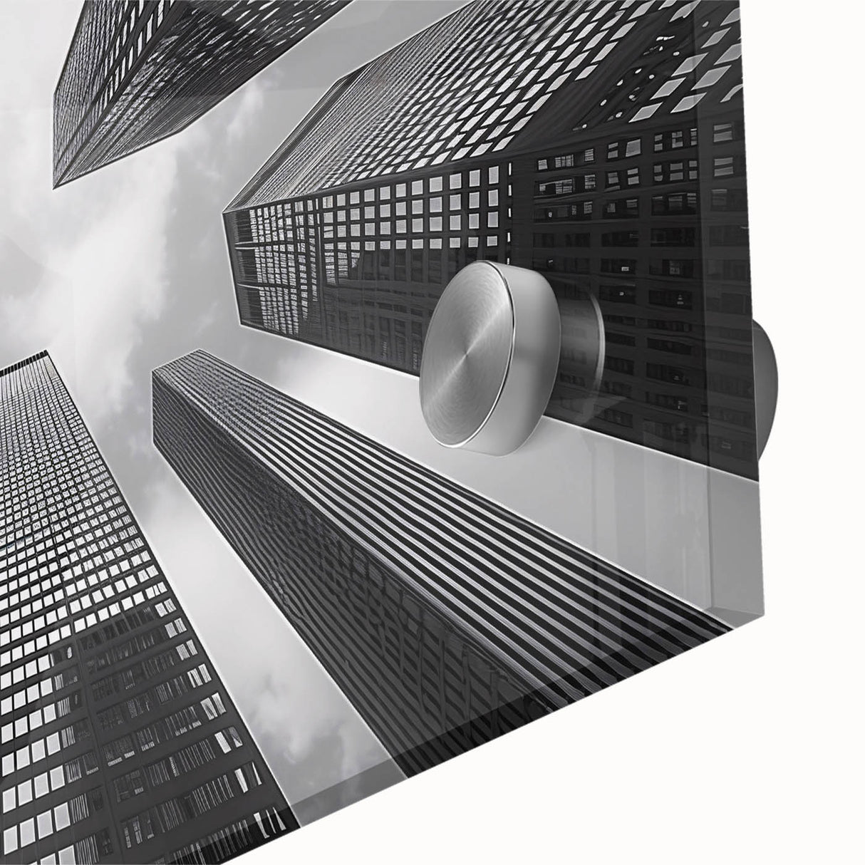 Mid-century modernist skyscraper design in muted gray tones on large acrylic glass, ideal for dining room art.
