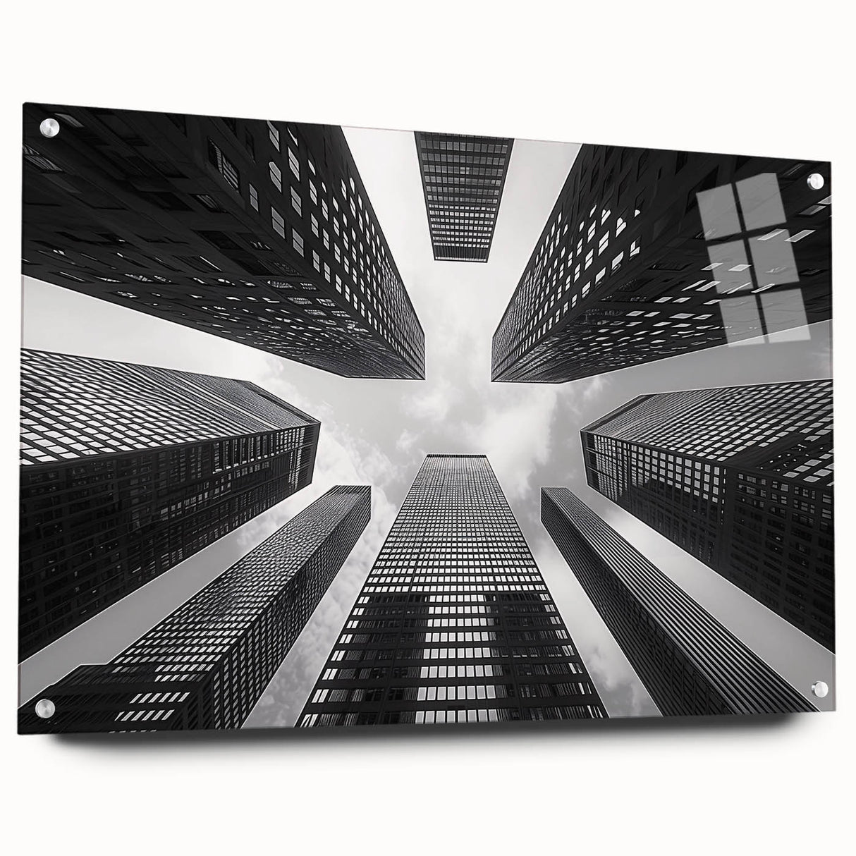 Acrylic print of a large abstract skyscraper design in grayscale, ideal for modern bedroom or dining room decor.