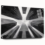 Acrylic print of a large abstract skyscraper design in grayscale, ideal for modern bedroom or dining room decor.
