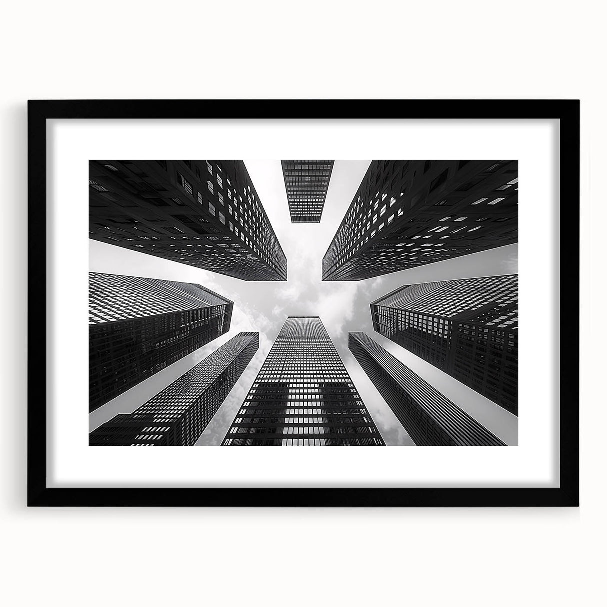 Extra large, abstract art print featuring colorful, textured skyscraper designs on a black framed canvas.