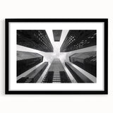 Extra large, abstract art print featuring colorful, textured skyscraper designs on a black framed canvas.