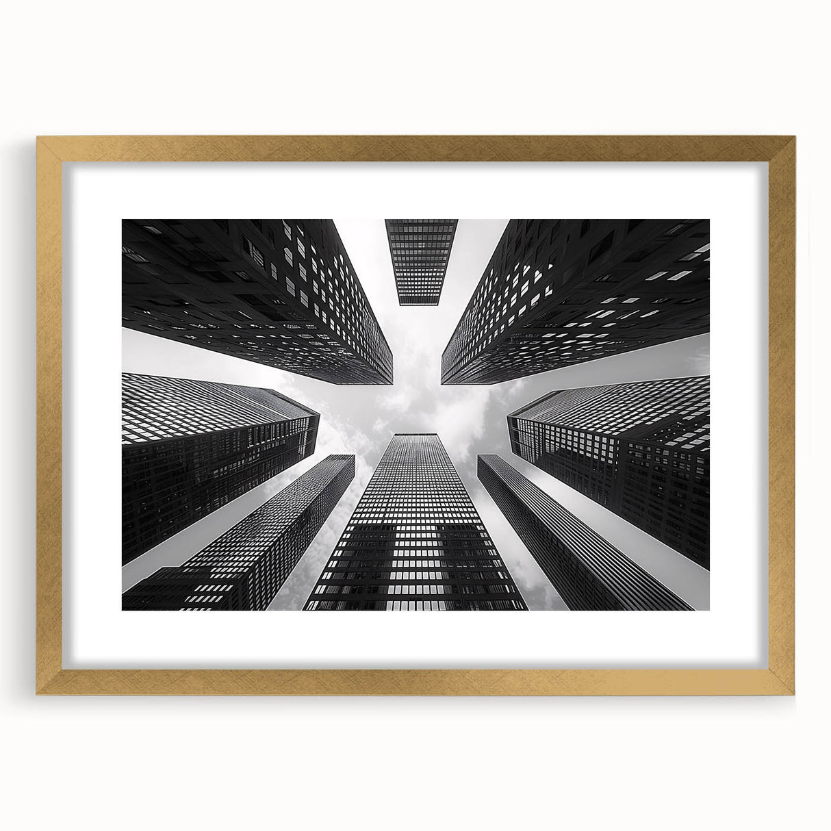 Textured abstract art print of skyscrapers in muted gold and gray tones on a framed canvas, suitable for bedroom decor.