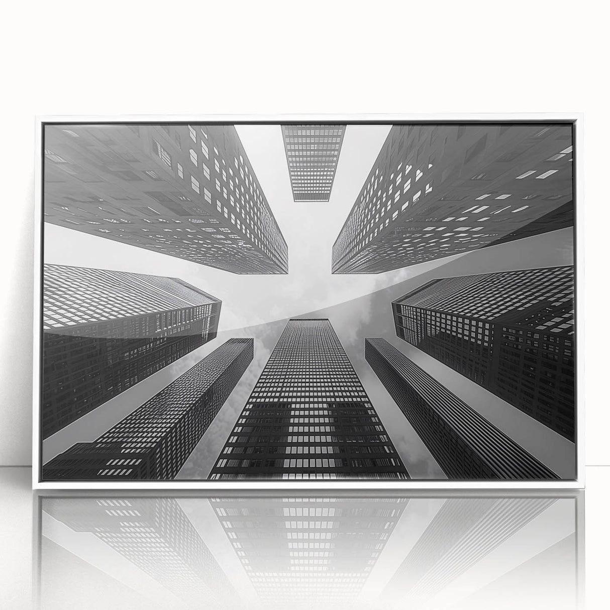 Mid-century modernist skyscraper design on a large framed acrylic print, featuring gray and blue tones.
