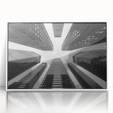 Mid-century modernist skyscraper design on a large framed acrylic print, featuring gray and blue tones.