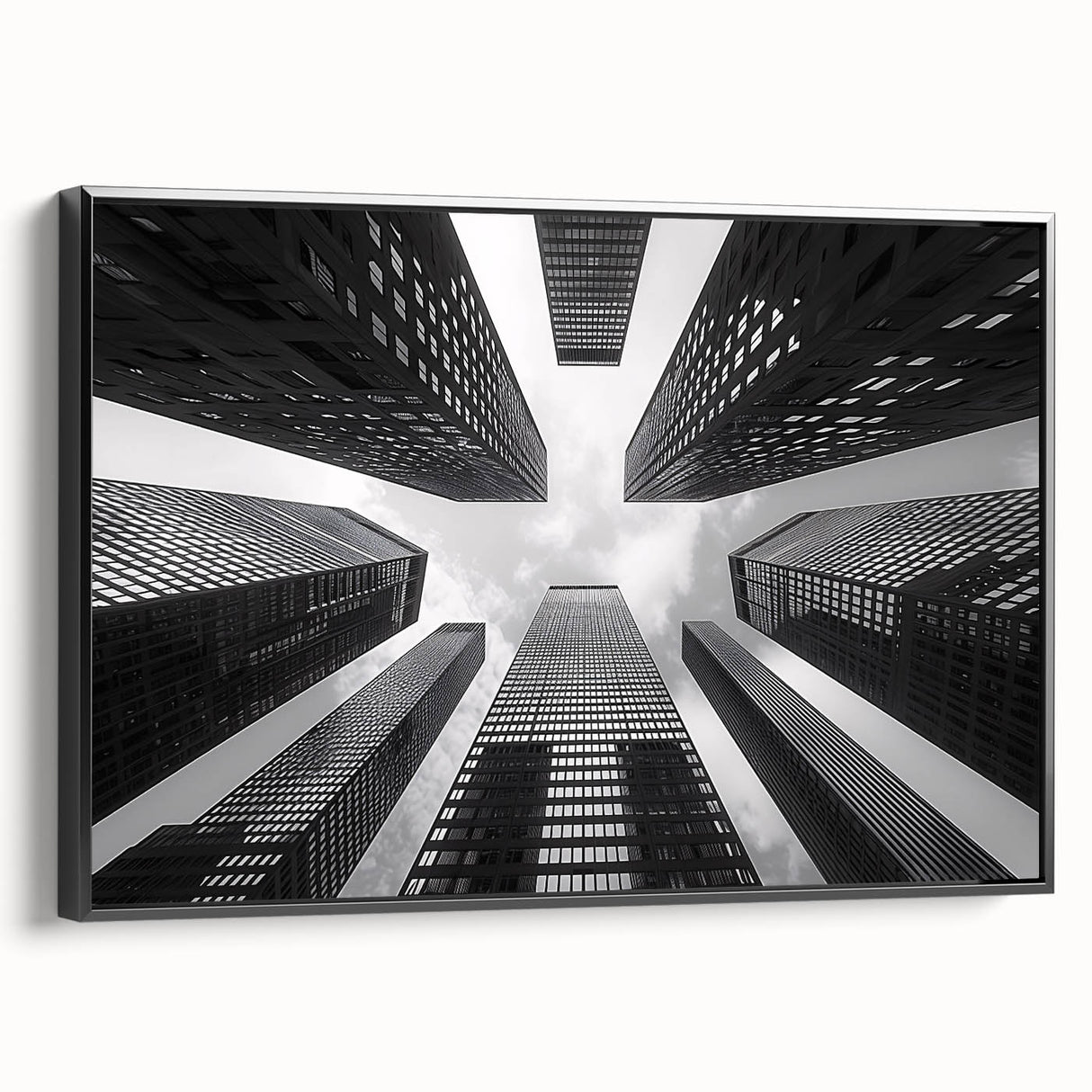 Black and white framed canvas of a vintage skyscraper landscape, ideal for bedroom wall decor.