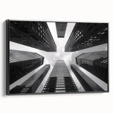 Black and white framed canvas of a vintage skyscraper landscape, ideal for bedroom wall decor.