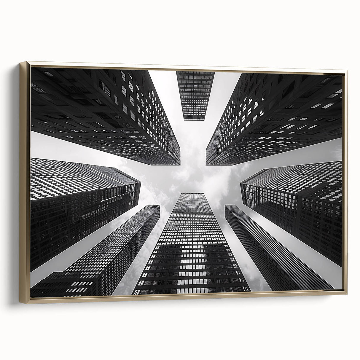 Framed canvas of a vintage skyscraper design in black with colorful accents, suitable for office or study decor.