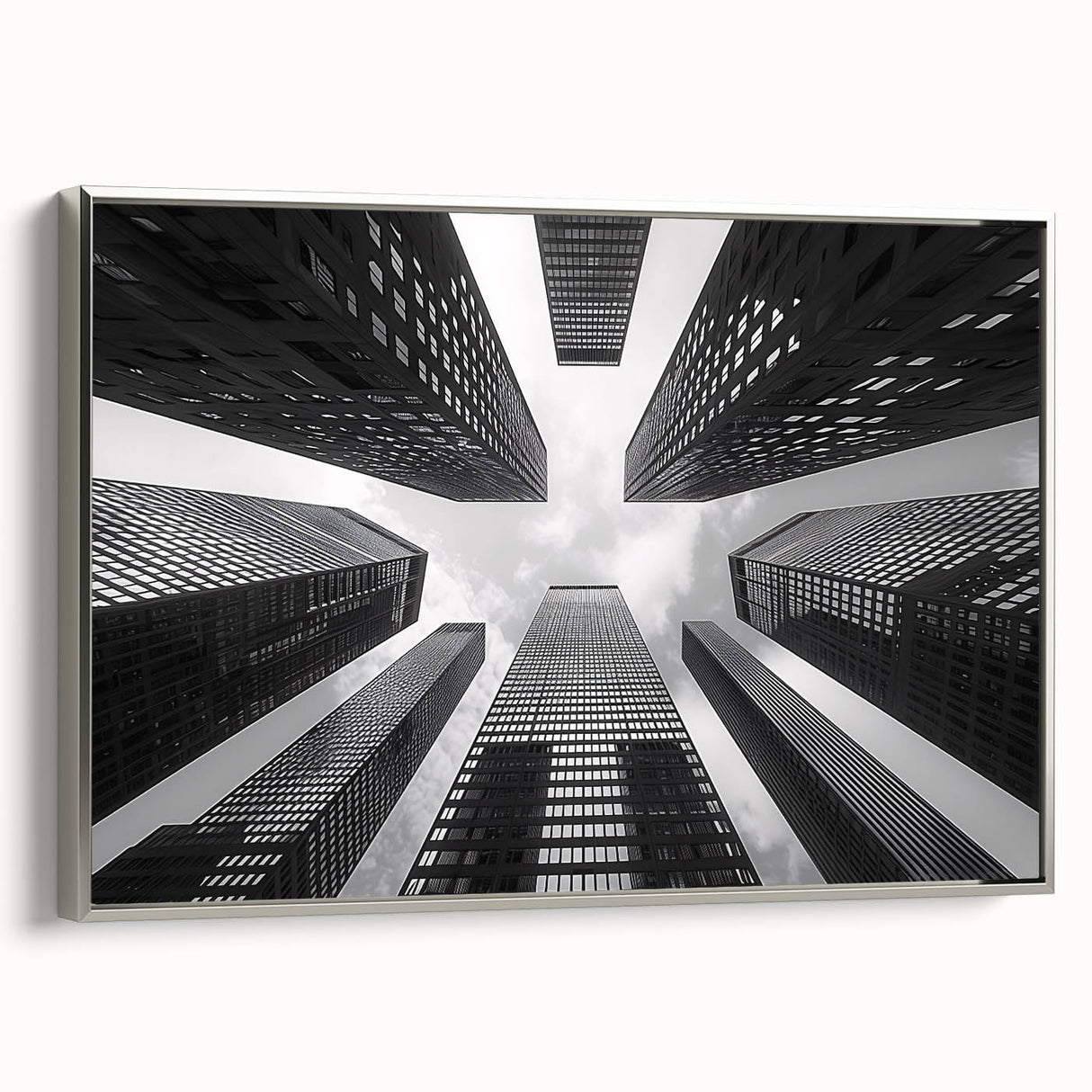 Vintage poster art of a skyscraper in silver frame, featuring a black and colorful palette, ideal for living room decor.
