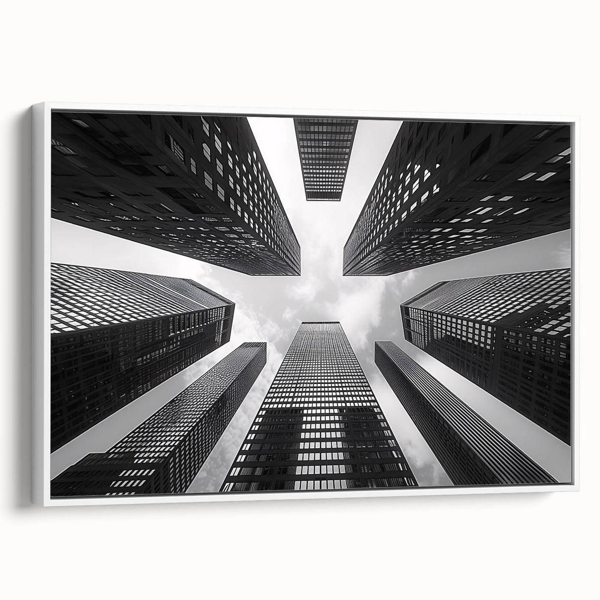 Framed canvas of a black and white vintage skyscraper design, ideal for bedroom wall art.
