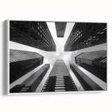 Framed canvas of a black and white vintage skyscraper design, ideal for bedroom wall art.